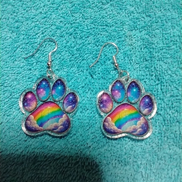 Cute colorful rainbow bridge dog paw memorial wire dangle earrings - Picture 3 of 3